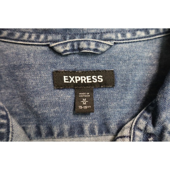 Mens EXPRESS Blue Shirt Size M Button Front Cotton Denim Loop Native Aztec 15.5 - Picture 6 of 9